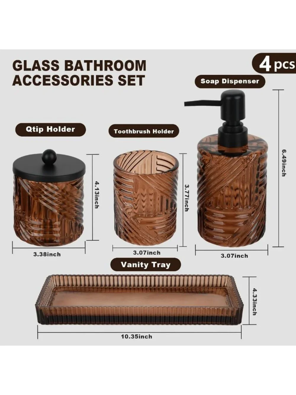 Stylish Amber Glass Bathroom Accessories Set - 4 Pcs Lotion Dispenser